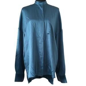 Haider Ackermann Peacock Teal Silk Charmeuse Oversized Shirt FR 34 Nehri Collar